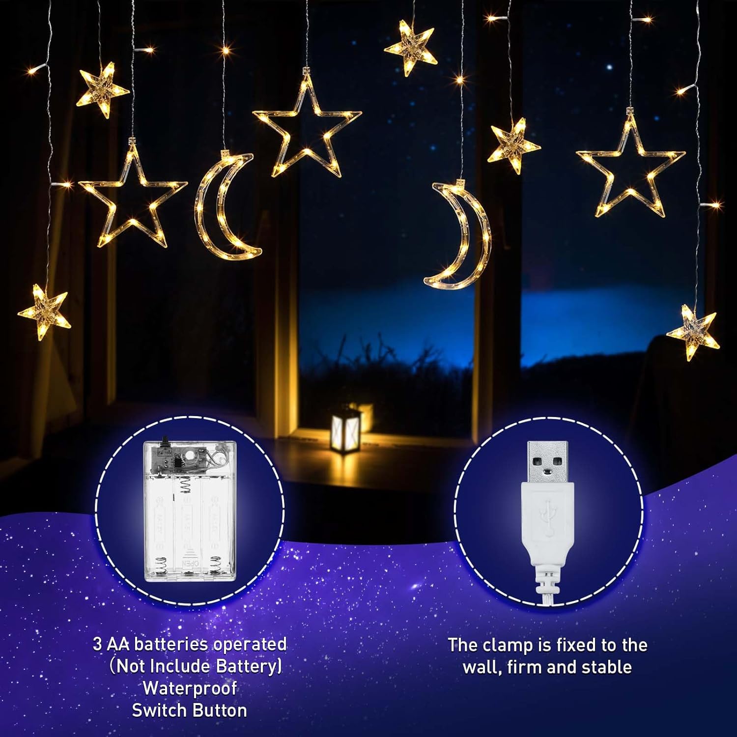 Riakrum LED Star and Moon String Lights - 11.48 ft Waterproof Warm White Fairy Lights for Bedroom | USB Powered Decor