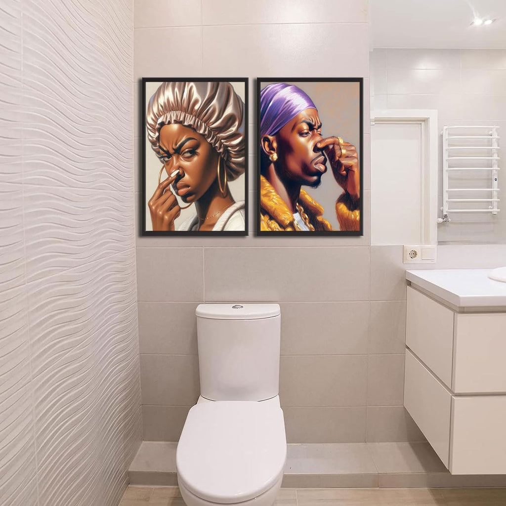 Skiennix Funny African American Bathroom Wall Art - 2Pcs Pinch Nose Canvas Prints | Funky Humor Decor