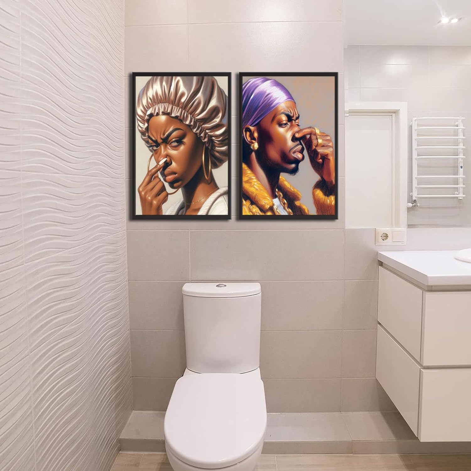 Skiennix Funny African American Bathroom Wall Art - 2Pcs Pinch Nose Canvas Prints | Funky Humor Decor