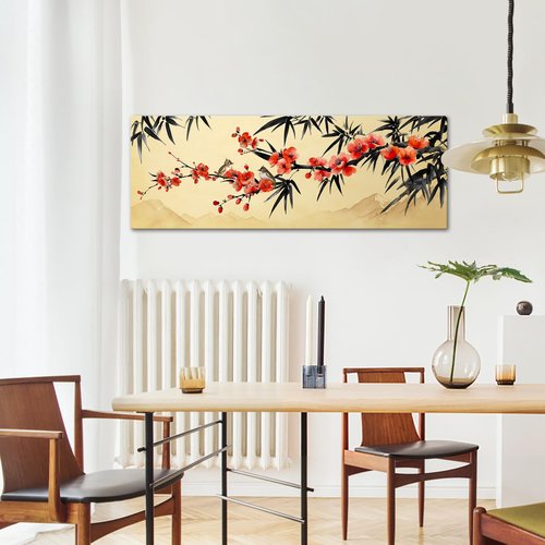 iKNOW FOTO Large Bamboo Plum Blossoms Chinese Traditional Wall Art with Birds Black and Red Canvas Painting for Living Room, Hallway, Home Office, Asian Wall Decor, Modern Chinese Art 20x55 Inches