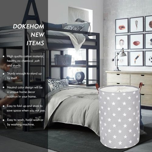 DOKEHOM 24-Inch Extra Large Laundry Basket - Collapsible Drawstring Hamper with Lid & Handle (Grey Star)
