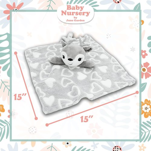 June Garden Cozy Dream Fleece Baby Security Blanket | Soft Plush Stuffed Deer Lovey - 15 x 15 Inches - Grey