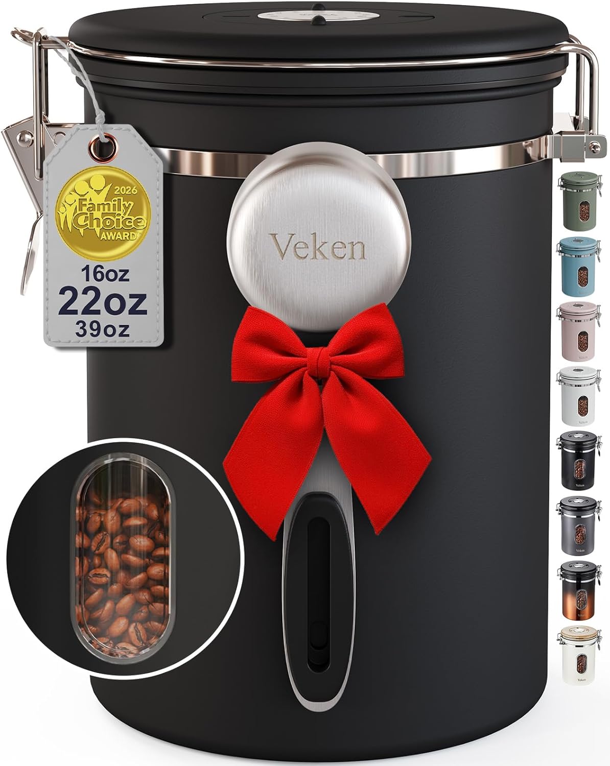 Veken Coffee Canister - Airtight Stainless Steel Storage Container with Window | 22oz Black for Coffee, Tea, and More