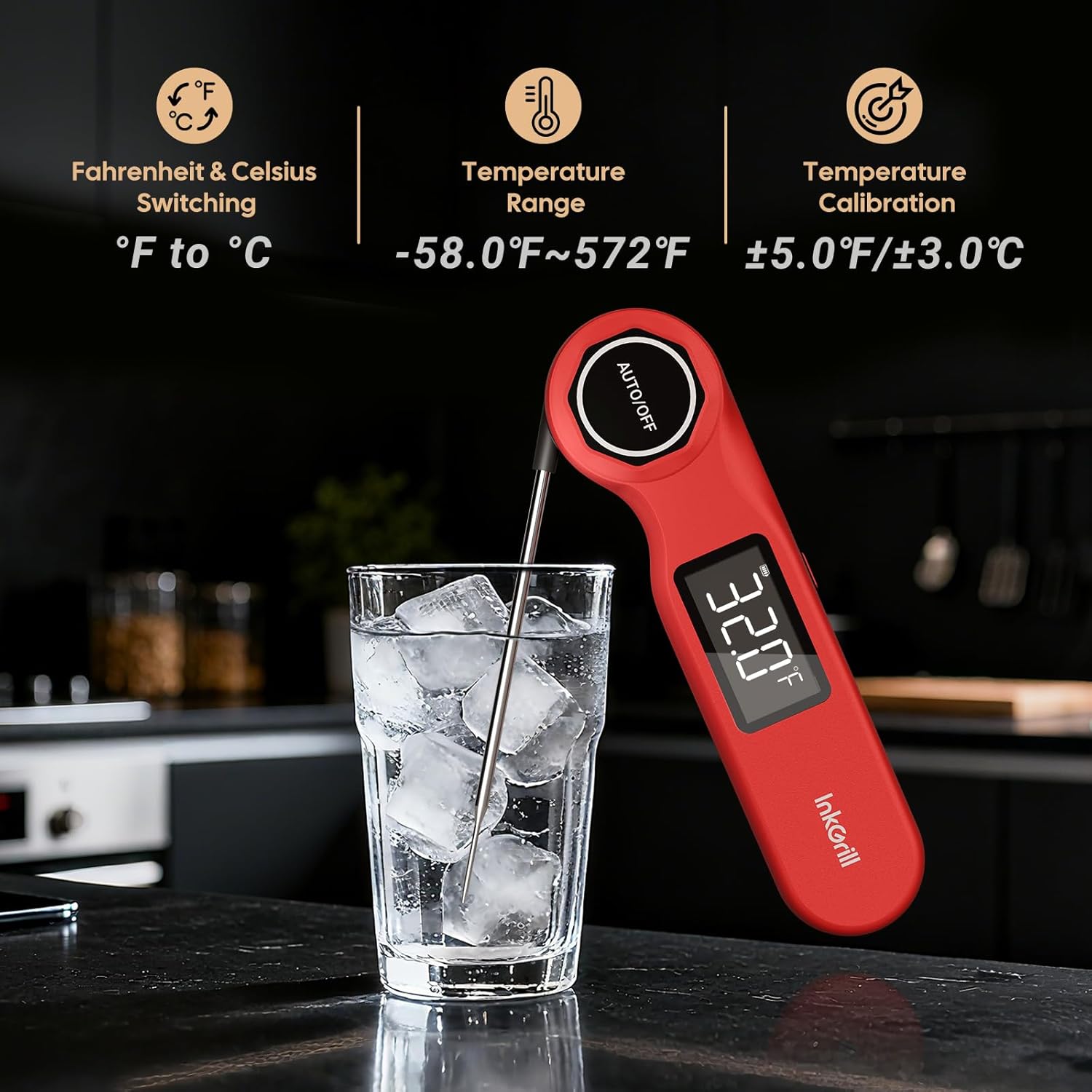 Skiennix Instant Read Meat Thermometer - Rechargeable Digital Cooking Thermometer with 1.42" Waterproof Screen