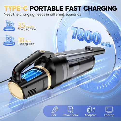 JONYJ Cordless Handheld Vacuum - 16000PA Strong Suction, Portable & Rechargeable with Multi-Nozzles | Ideal for Home, Car & Pets