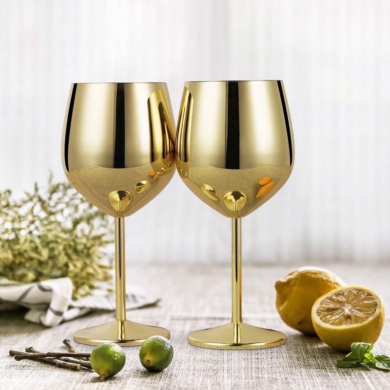 Lifecapido Stainless Steel Wine Glasses Set of 8, 18oz Stainless Steel Wine Goblets, Stemmed Metal Wine Glasses with Cup Brush for Party Office Wedding Anniversary, Great for Red White Wine (Gold)