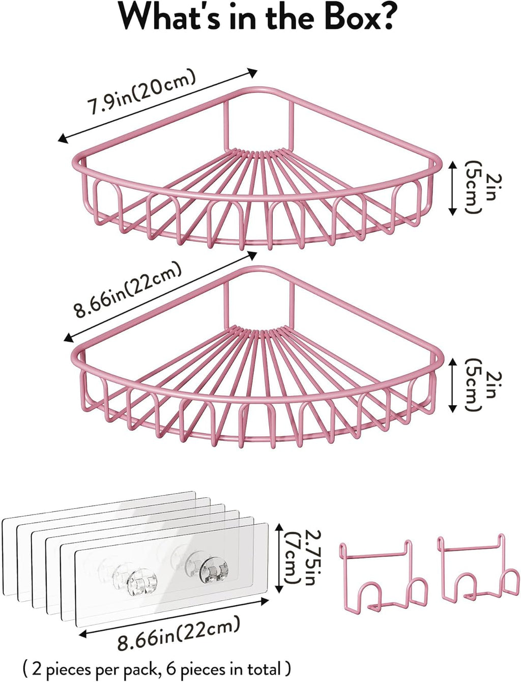 Orimade Corner Shower Caddy - Wall-Mounted Metal Bathroom Organizer with 2 Hooks | Pink, No Drilling, 2-Pack