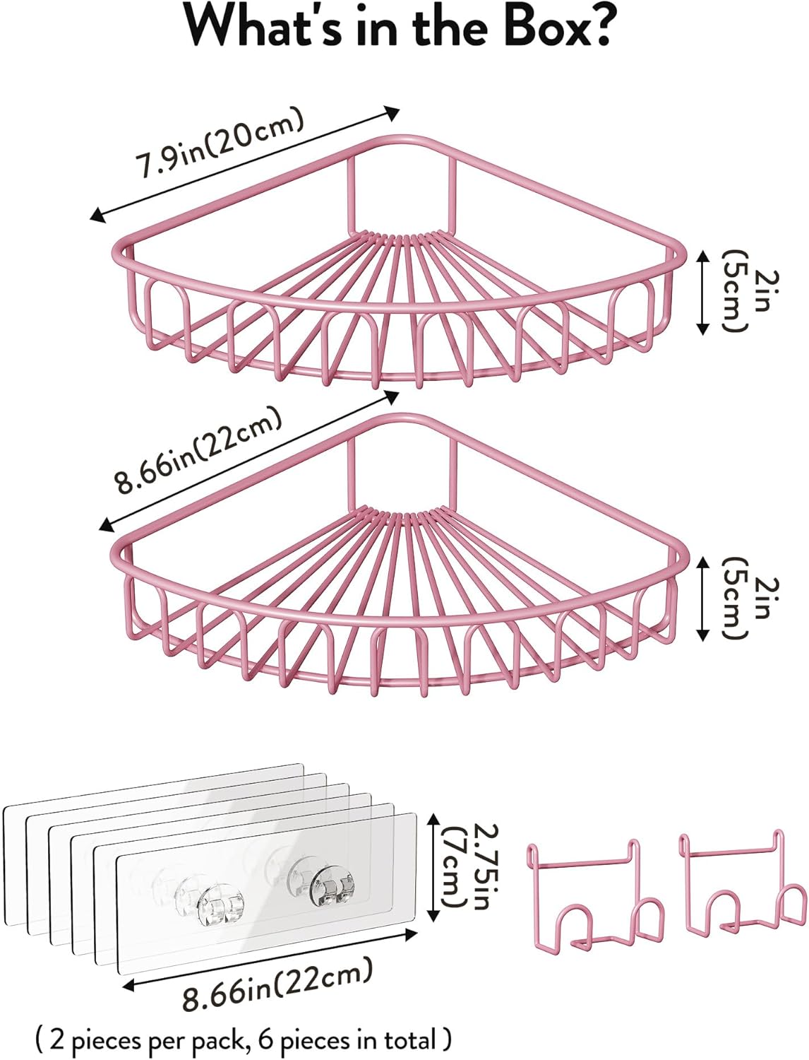 Orimade Corner Shower Caddy - Wall-Mounted Metal Bathroom Organizer with 2 Hooks | Pink, No Drilling, 2-Pack