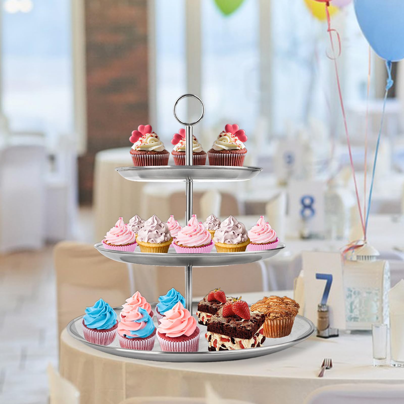 LIAISIMI 3 Tier Silver Cupcake Stand Stainless Steel Dessert Display Rack with Removable Tiered Tray for Parties,Weddings,Birthdays,Decorations,Any Festivals and Festivities(2 Pack)