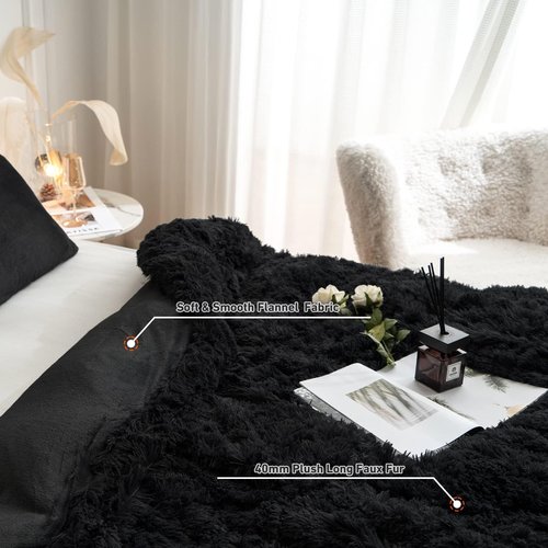 CHOSHOME Plush Shaggy Duvet Cover King Size, 3 PCS Fluffy Comforter Fuzzy Flannel Bedding Sets(1 Faux Fur Duvet Cover + 2 Pillowcases), Zipper Closure & 8 Corner Ties, Black