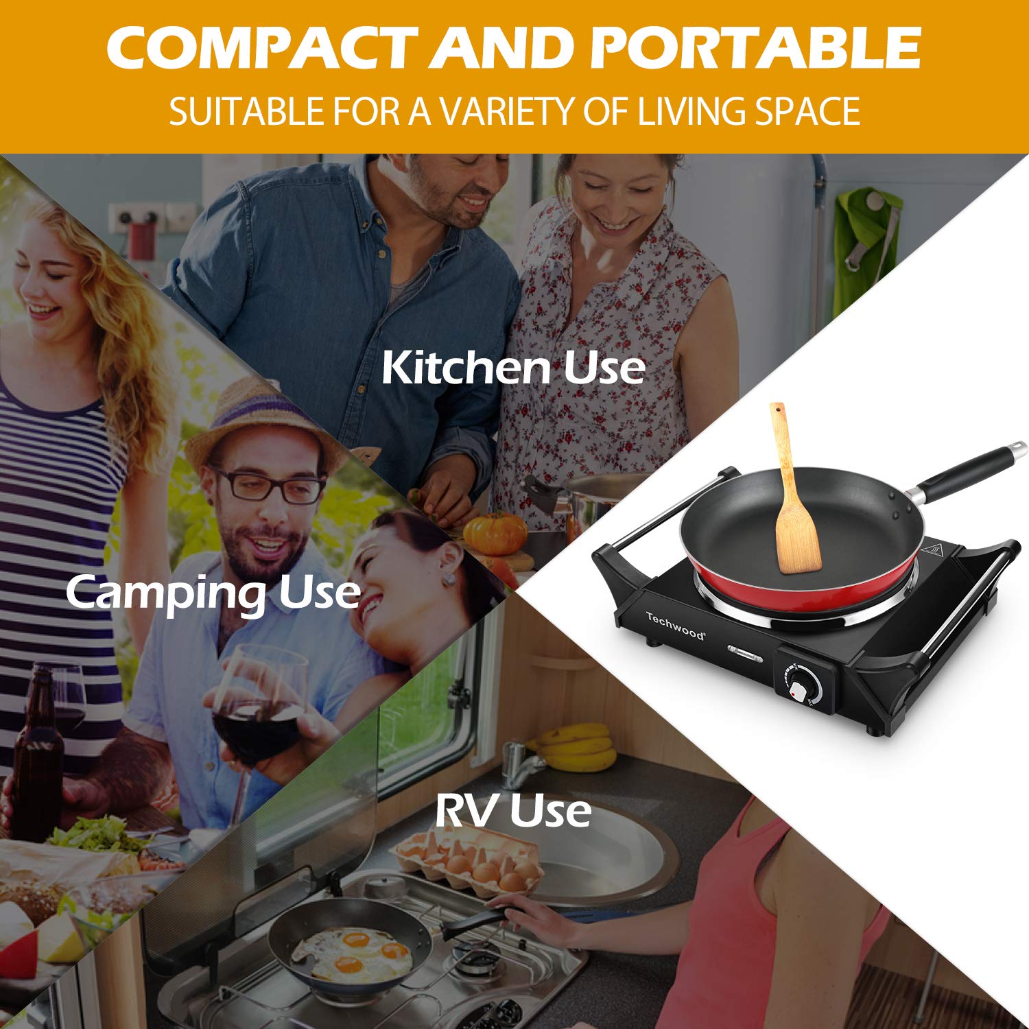 Techwood Hot Plate Portable Electric Stove 1500W Countertop Single Burner with Adjustable Temperature & Stay Cool Handles, 7.3” Cooktop for Dorm Office/Home/Camp, Compatible for All Cookwares