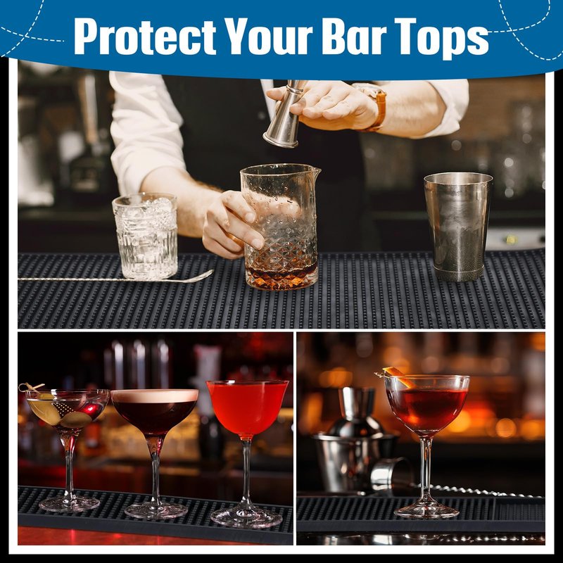Jingmore 4 Pcs Thick Rubber Bar Mats for Bartending, Durable Non-Slip Spill Mat for Countertop, Home Kitchen, Coffee Bars, and Restaurants Accessories, Black(24" X 12"+24" X 3")