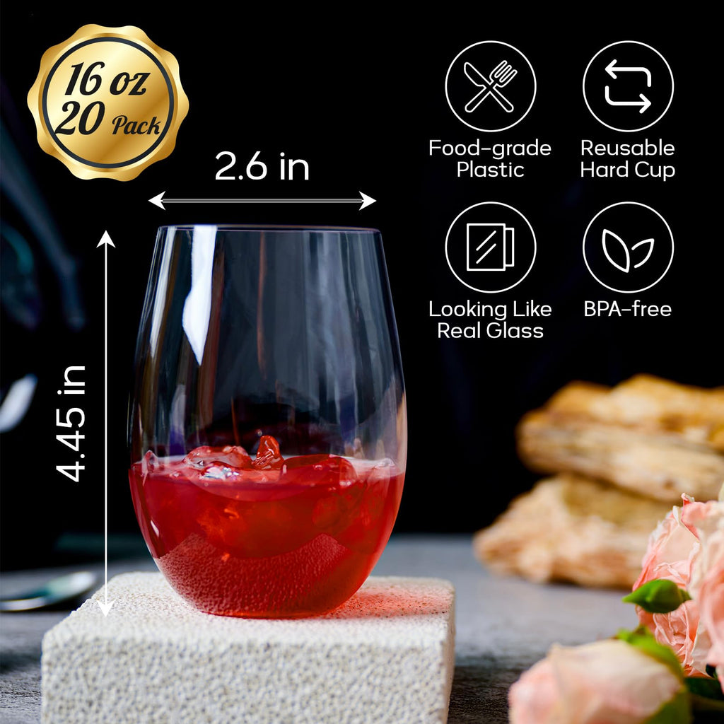 FOCUSLINE 20 Pack 16 Oz Plastic Wine Glasses, Stemless Plastic Wine Cups Heavy Duty, Unbreakable Disposable Wine Glasses for Wedding or Party