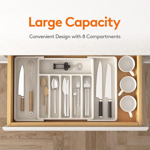 Lifewit Expandable Silverware Drawer Organizer - BPA-Free Utensil Tray for Kitchen | Adjustable 13-22 x 15" White