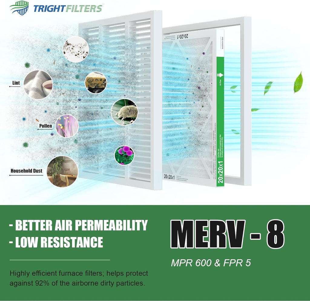 TRIGHTFILTERS 20x20x1 Air Filter - Durable MERV 8 Pleated HVAC & AC Replacement | 2-Pack