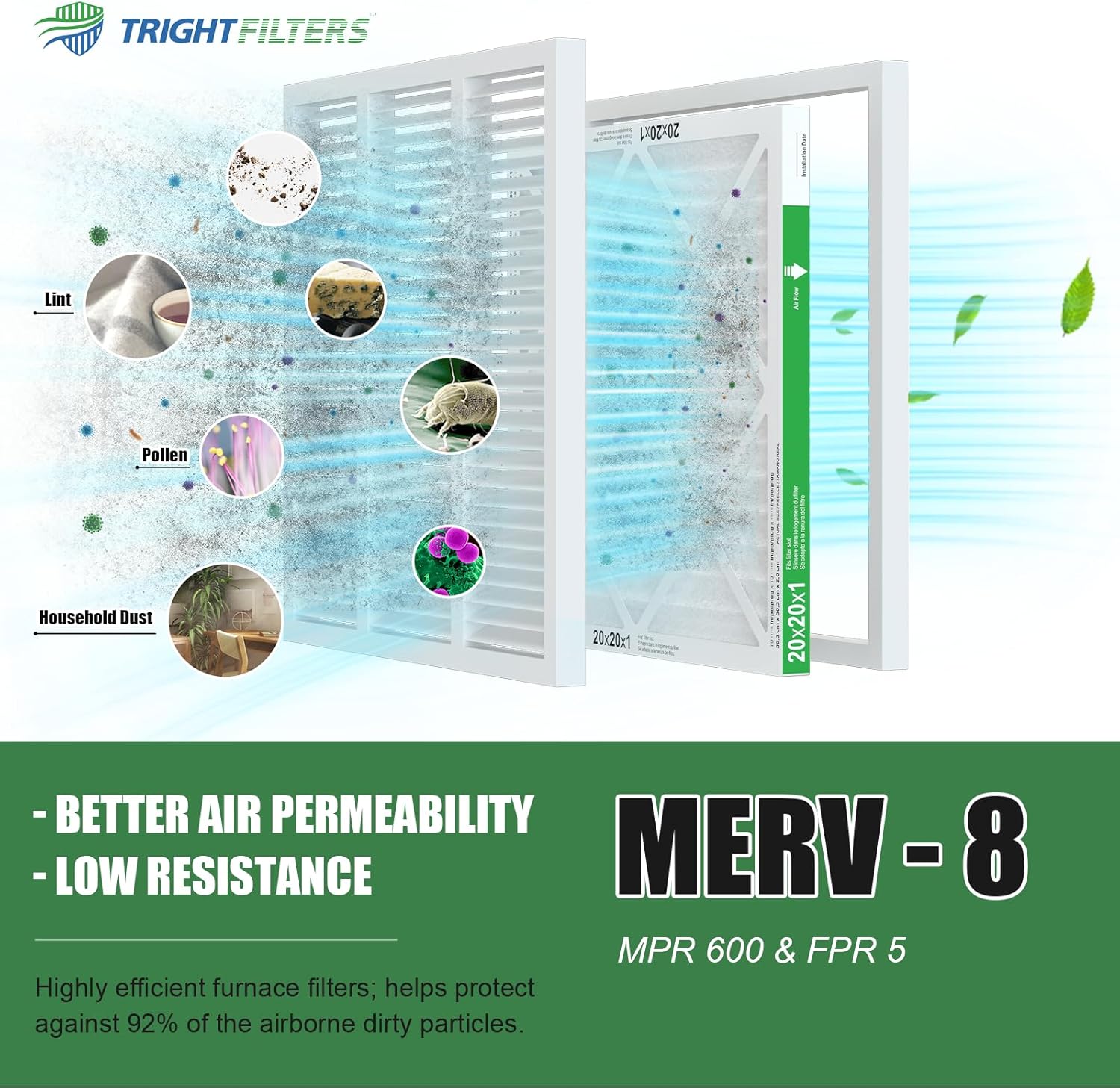 TRIGHTFILTERS 20x20x1 Air Filter - Durable MERV 8 Pleated HVAC & AC Replacement | 2-Pack