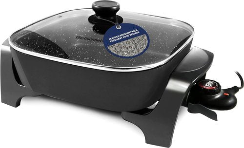 Elite Gourmet Electric Skillet - Extra Deep 12"x12"x3.2" (7.5Qt) | Non-Stick, Scratch Resistant, Dishwasher Safe, Adjustable Temperature, Black