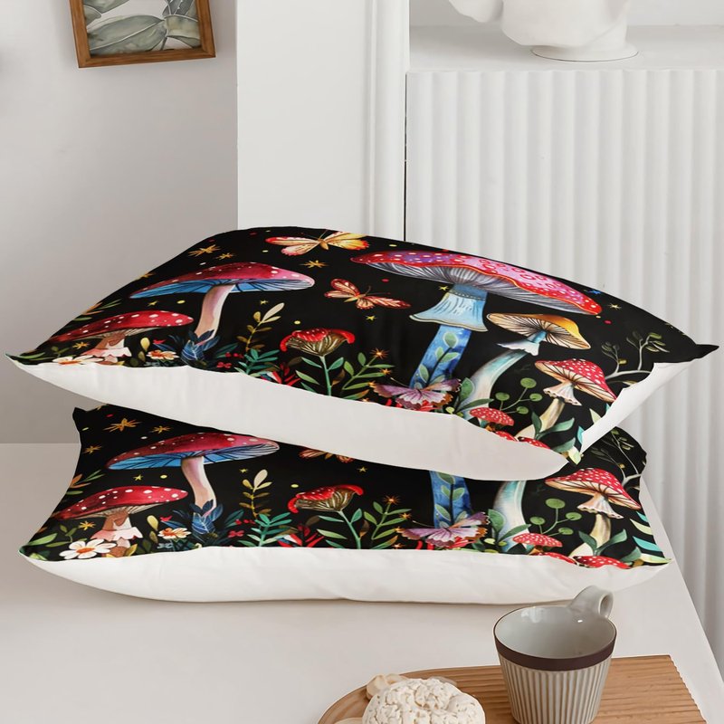 AILONEN Red Mushroom Duvet Cover Set King Size,Botanical Plant Fungus Butterfly Cartoon Mushroom Comforter Cover Set 3 Pieces for Kids Boys Girls Adults,1 Quilt Cover with 2 Pillowcases