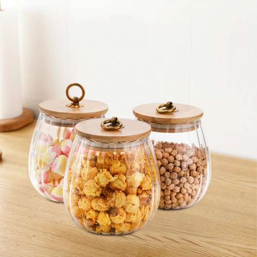 Frcctre 4 Pack 25 Oz Glass Airtight Storage Jar Glass Canister with Bamboo Lid, Decorative Petal Storage Container with Metal Handle for Dry Food, Tea, Cookie, Candy, Sugar, Nuts