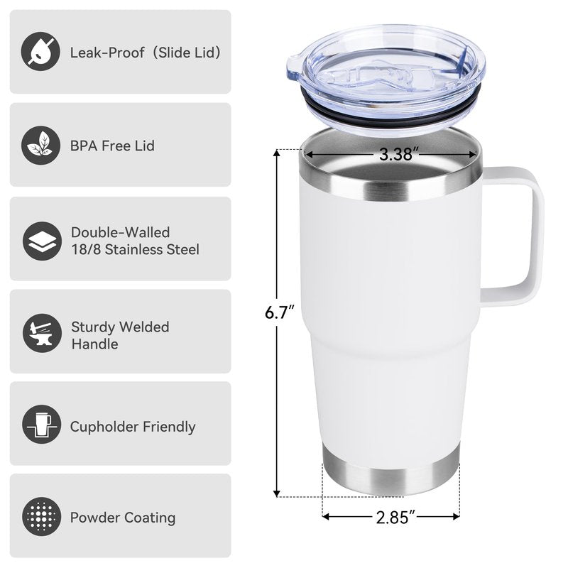 20oz Tumbler Bulk with Lid, Stainless Steel Tumbler Bulk with Handle, Metal Insulated Travel Coffee Mug Set with Handle, Double Wall Vacuum Leak Proof Tumbler Cup, White 12 Pack