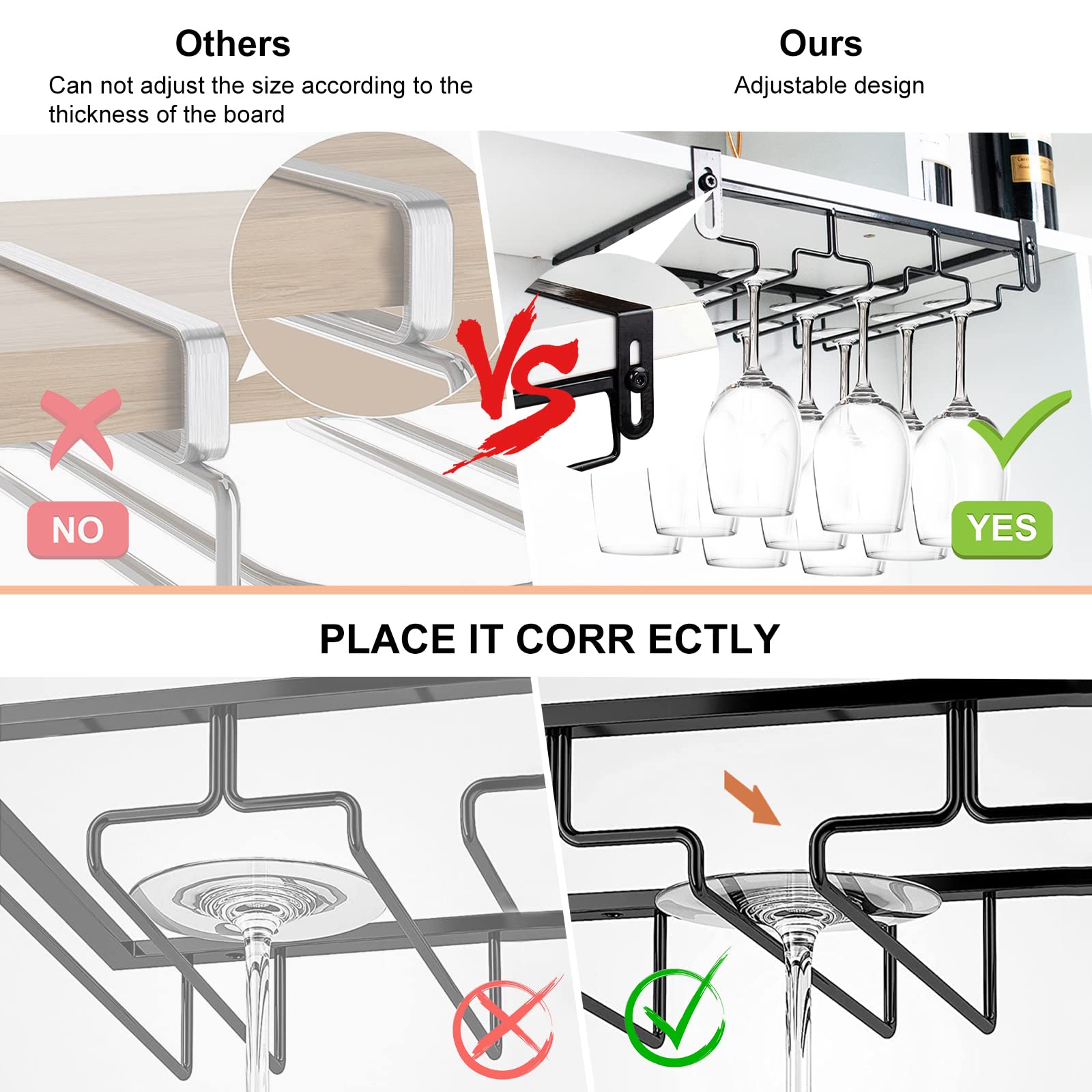 AUHOKY 2Pcs Adjustable Wine Glass Rack Under Cabinet, Punch-Free 3 Rows Stemware Metal Holder, Hanging Glass Storage Hanger Organizer for Shelf Kitchen Bar Decor (3 Rows, Black)