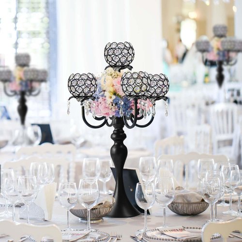 Kehail 22.5" Black Metal & Crystal Tea Light Candle Holder - Wedding, Party Centerpiece for Events, Decorative Chandelier (1, Black)
