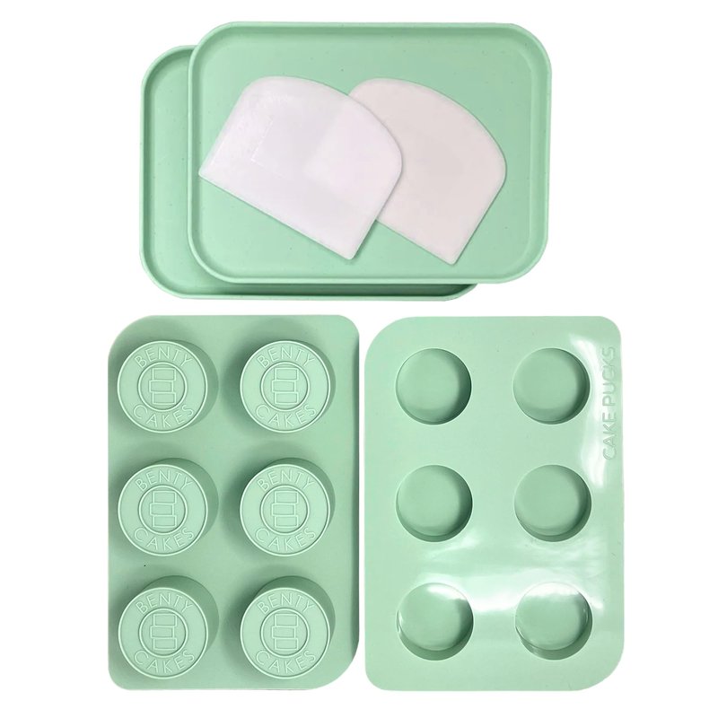 Benty Cakes – The Original Cake Puck Bonus Bundle Set – Better than a Cake Pop! Make Chocolate Covered Desserts – BPA Free Silicone – Includes 1 Mold Set, 2 Trays and 2 Scrapers – Green