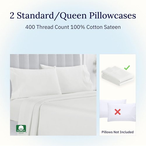 California Design Den Queen Pillowcase Set - 400 Thread Count, 100% Cotton Sateen, Soft & Breathable - Ivory (Set of 2)