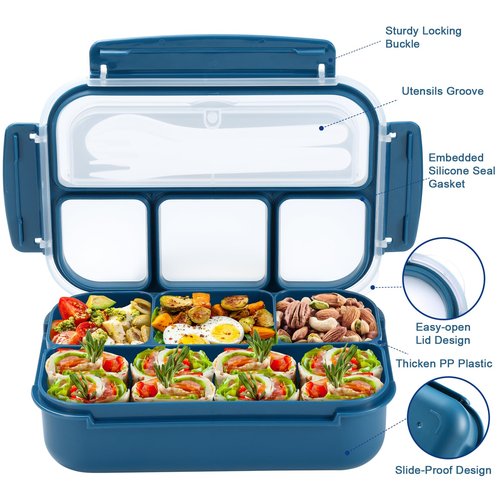 shell and turtle Bento Box Adult Lunch Box, Kids Lunch Containers for School with 4 Compartments, with Utensils, Sauce Jar, Muffin Liners, Microwave Safe, Navy