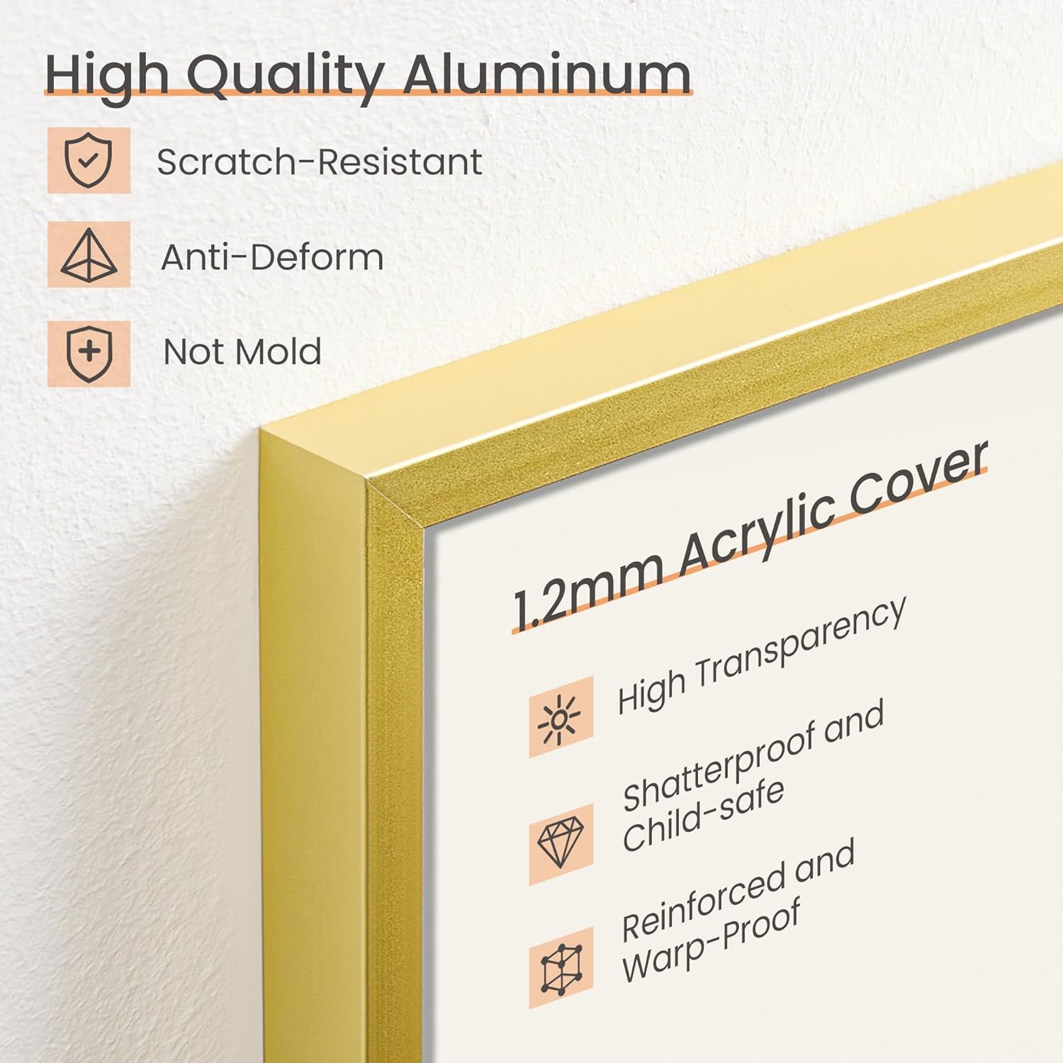 Upsimples Aluminum Picture Frame - Gold 11x14 for 8x10 Photos with Mat or 11x14 Without Mat | Wall Hanging Metal Frame with Acrylic Cover