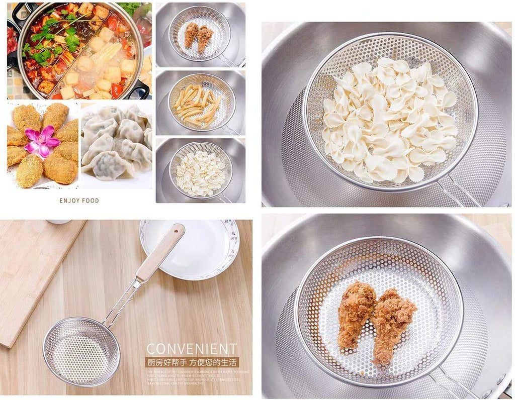 TENTA TENTA KITCHEN Stainless Steel Micro-Perforated Skimmer Strainer,Pasta Noodle Net Basket with Wooden Handle(25 Ounce)