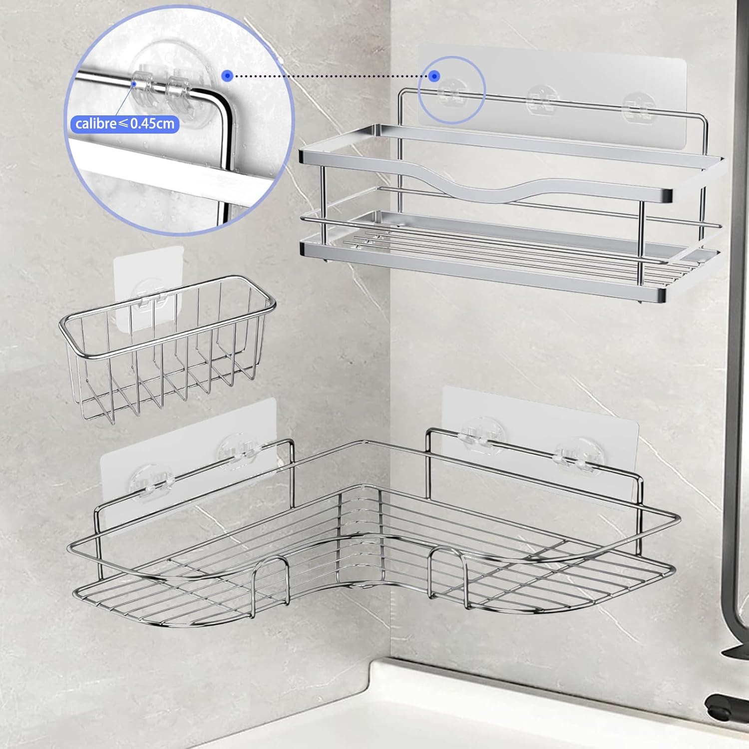 Skiennix 16-Pack Shower Caddy Adhesive Hooks - Strong Transparent Stickers for Bathroom & Kitchen Storage