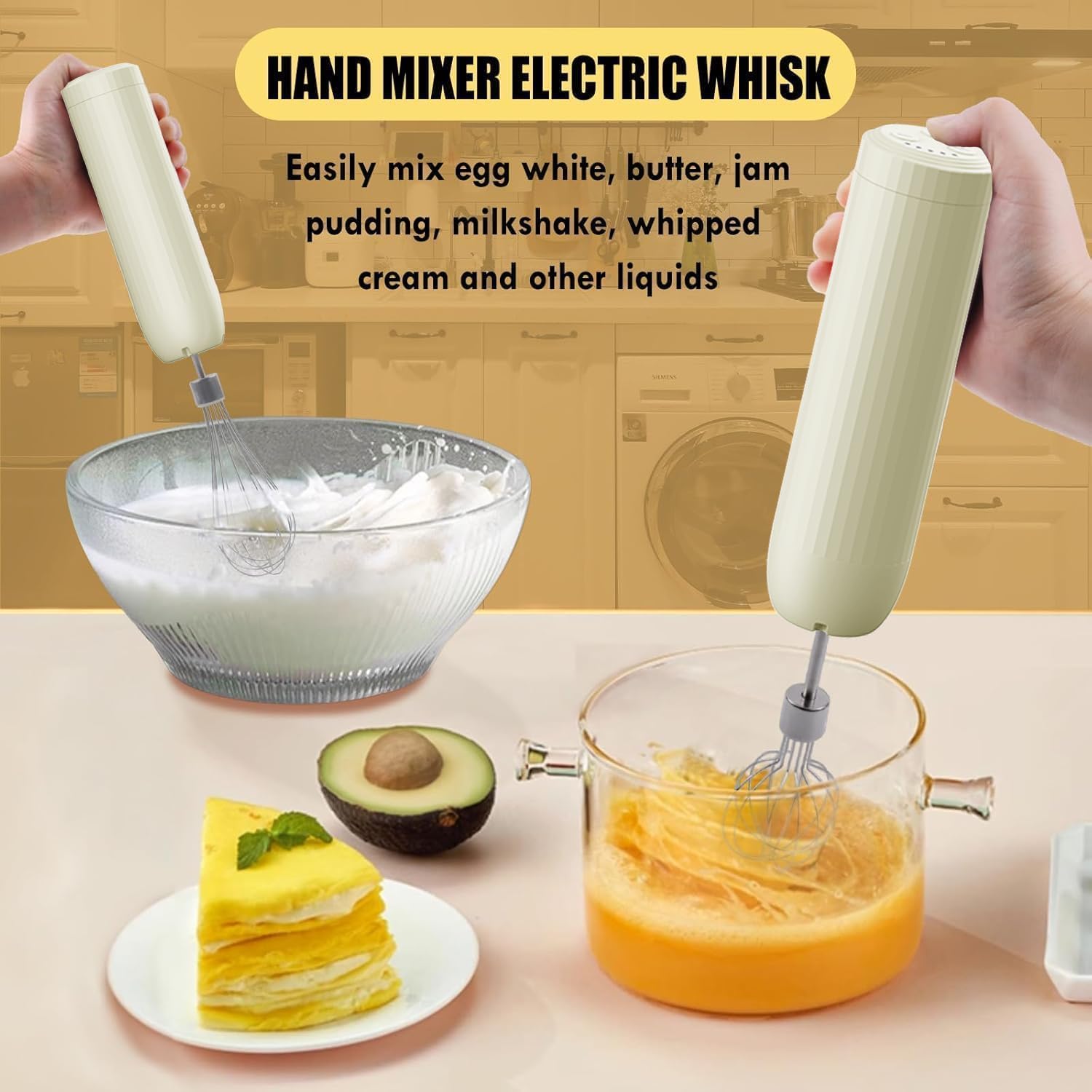 Cordless Hand Mixer, Electric Whisk, Hand Held Mini Mixers,Rechargeable Hand Mixer and Whisker,Food Chopper,Food Processor for Cooking, 4-Speed,10Oz