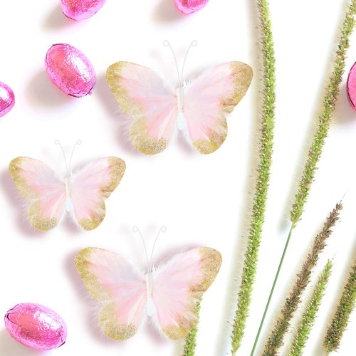 16 Pieces Feather 3D Butterfly Wall Decals Gold Glitter Butterfly Decor Stickers for Room Offices Bedroom Bathroom Living Room Decor(Light Pink)