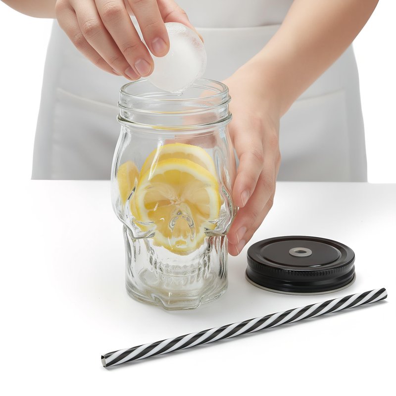 TOPZEA 6 Pack Mason Jars Mugs, 16 oz Glass Skull Mason Drinking Mugs Tumbler Cup with Straws Old Fashioned Jar Drinking Glasses Heavy Base for Beverage, Brandy, Liquor, Jello