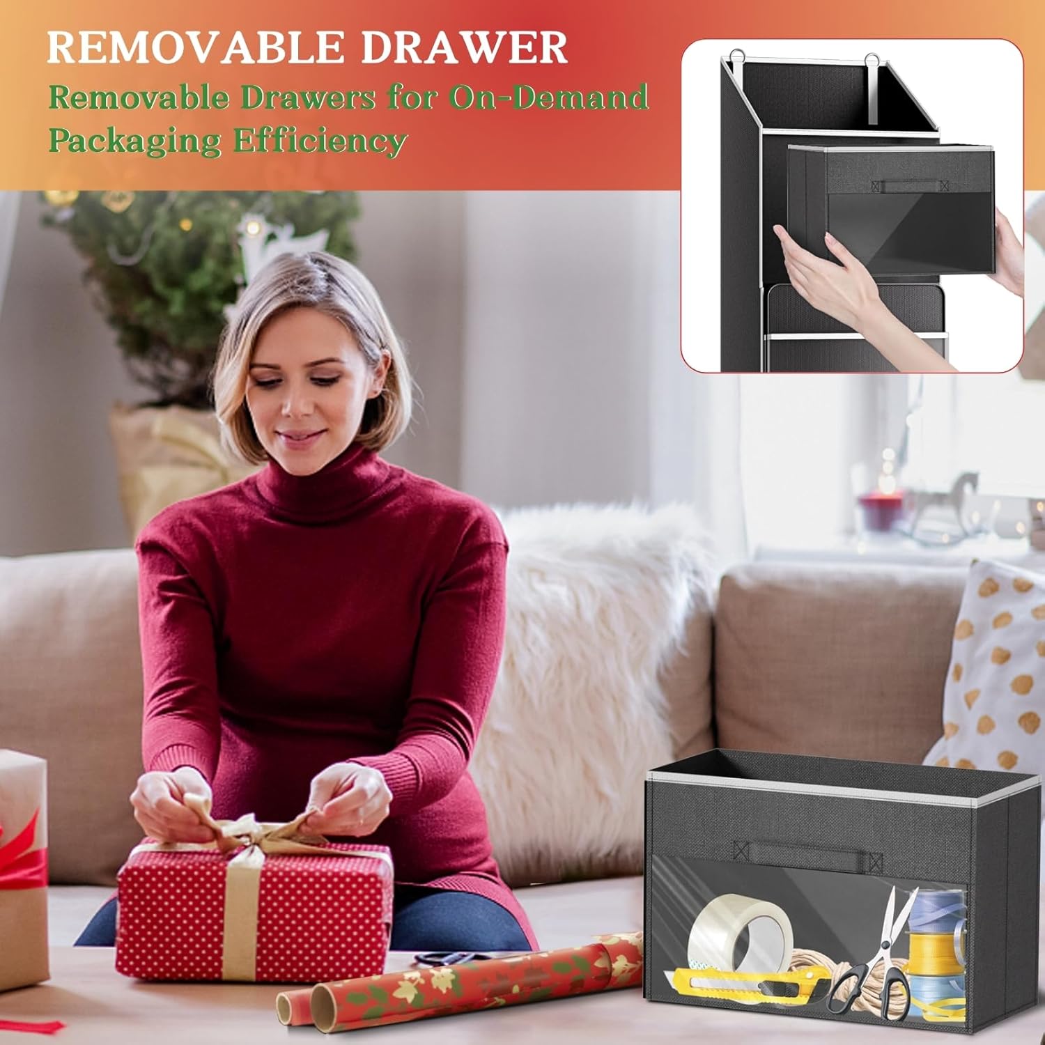 Ofiray Home 2-in-1 Wrapping Paper Organizer - Over Door & Under Bed Storage with Removable Drawer & 4 Pockets
