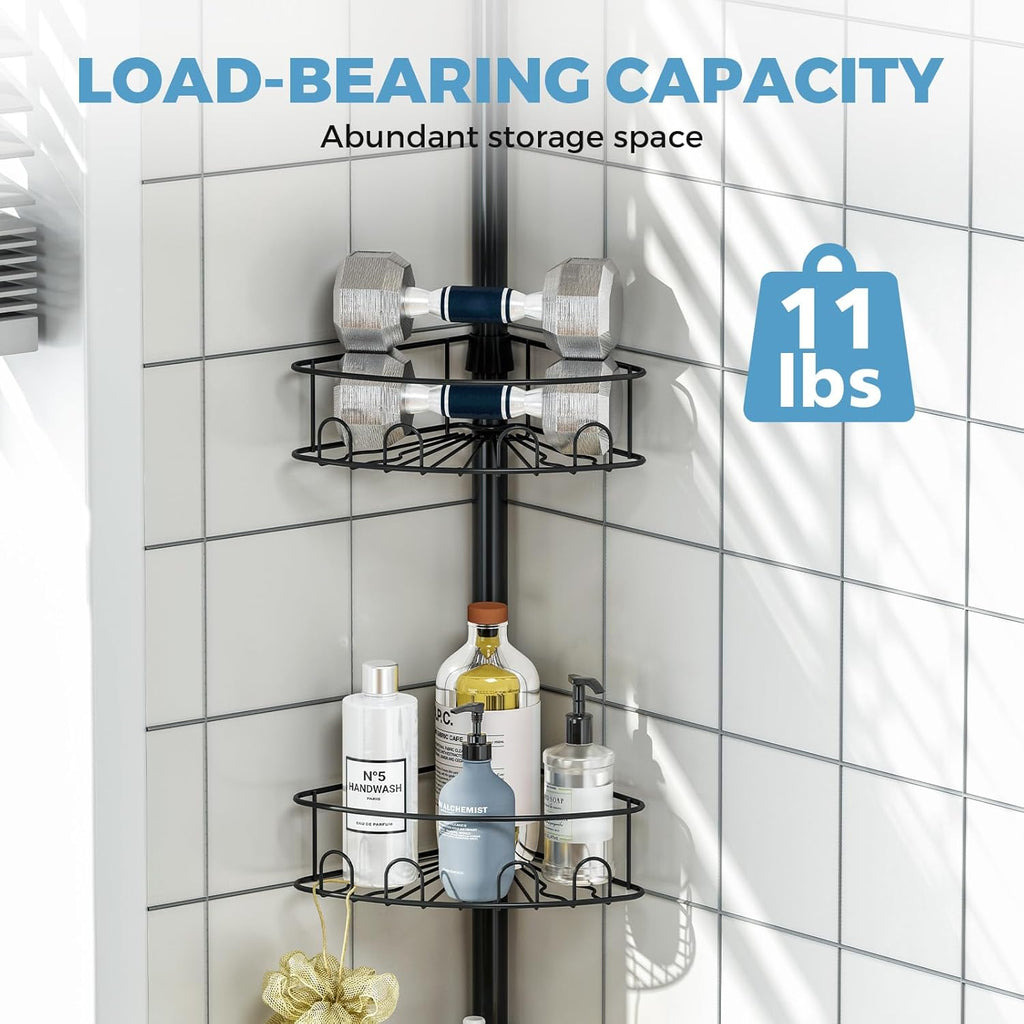 Skiennix Corner Shower Caddy - 4 Tier Adjustable Bathroom Organizer with Hidden Hook & Towel Holder | 63.7-119 Inch, Black