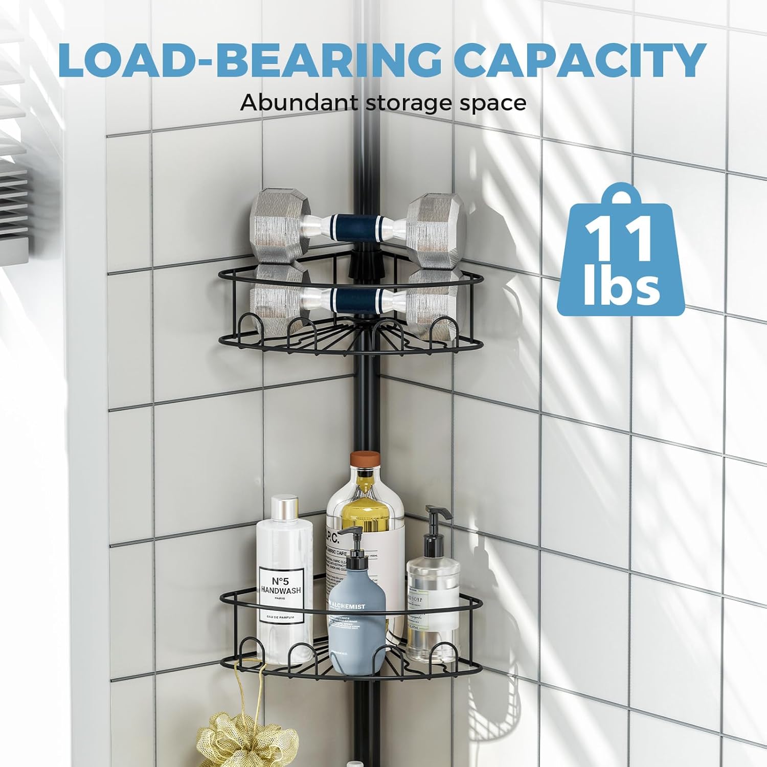 Skiennix Corner Shower Caddy - 4 Tier Adjustable Bathroom Organizer with Hidden Hook & Towel Holder | 63.7-119 Inch, Black