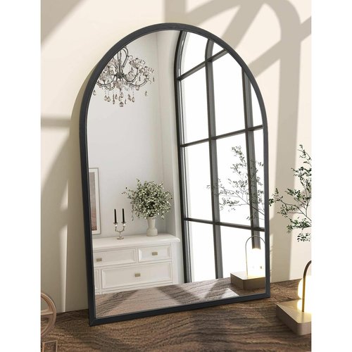 HLFMVWE Arch Wall Mirror Bathroom Mirror Black Metal Framed Mirror, Arched Wall Mounted Vanity Mirror for Bedroom Entryway Living Room 26"x18"