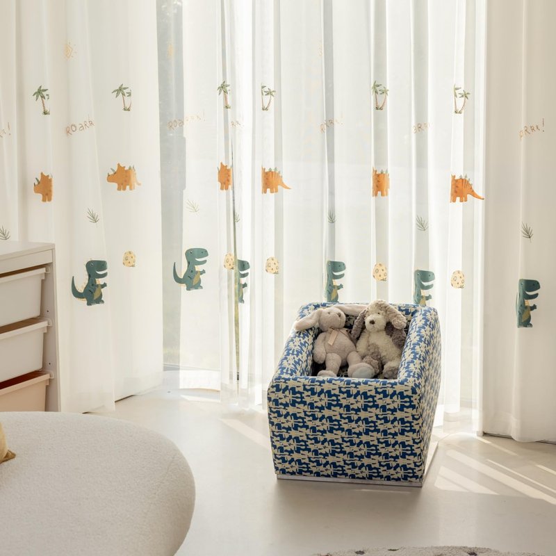 KMSG Cartoon Dinosaur Sheer Kids Curtains Embroidery Voile Drapes Nursery Curtains for Children Boys Baby Bedroom Living Room Light Filtering Window Tratement Grommet Top 1 Panel W52 x L96 Inch
