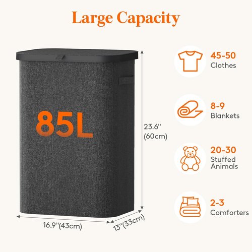 Lifewit 85L Large Laundry Basket - Foldable Hamper with Lid & Removable Bag | Dark Gray