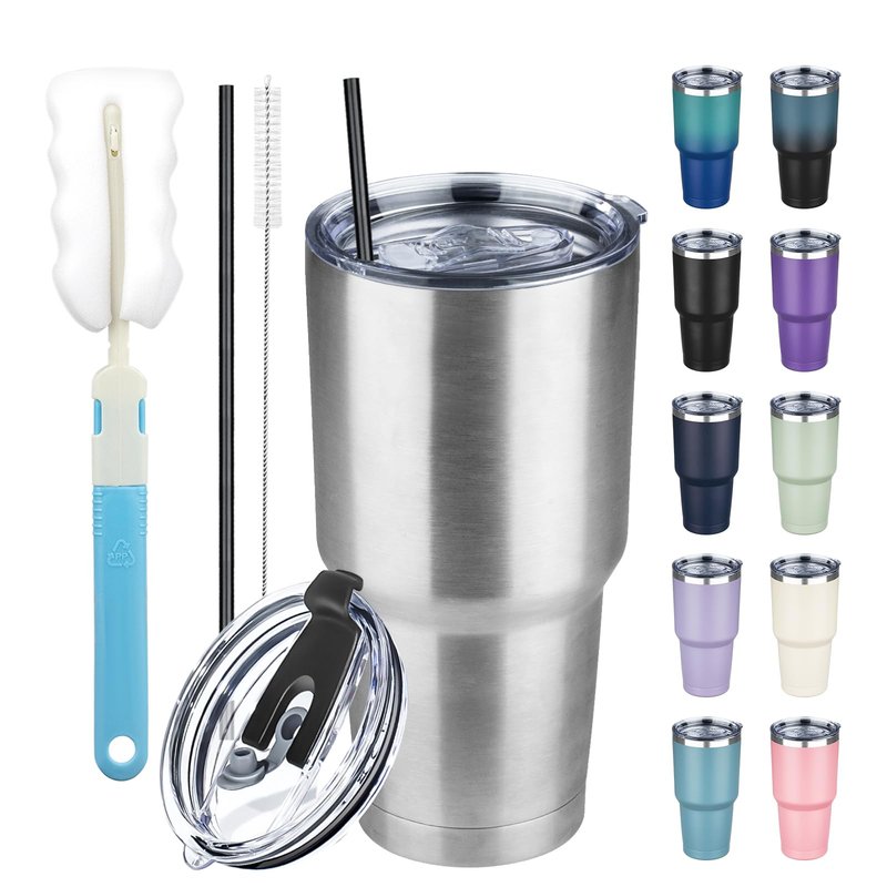 GUDEMAO 30 oz Tumbler with Lids and Straws, Stainless Steel Insulated Coffee Tumbler, Double Wall Vacuum Insulated Travel Mug Cup, Leakproof Thermal Coffee Cup for Hot and Cold Drinks(Silver)