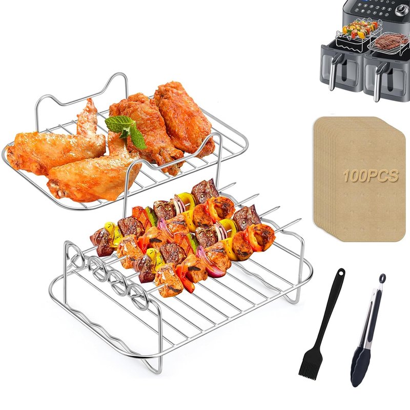 Dual Zone Air Fryer Accessories, 2pcs Air Fryer Rack with 100pcs Air Fryer Paper Liners Compatible with Ninja Foodi Air Fryer DZ201, DZ401, 5 pcs Double Basket Air Fryer Accessories