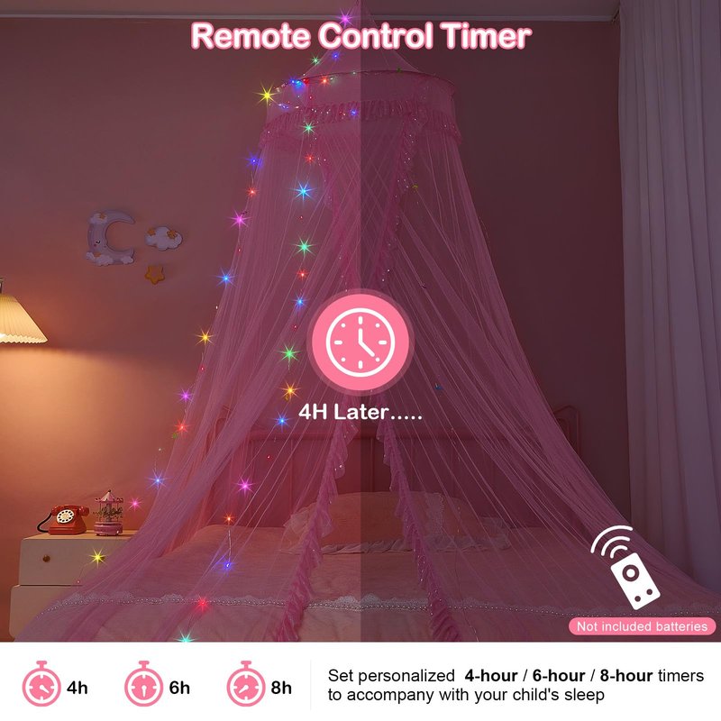 Beinou Bed Canopy for Girls with Timer Remote Canopy Bed with Lights Breathable Net Canopy for Bed Kids Girls Room Decor,Pink