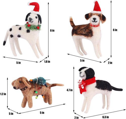 Juegoal Christmas Felt Dog Ornaments - Set of 4 Cute Wool Puppy Hanging Decor for Holiday Wreaths