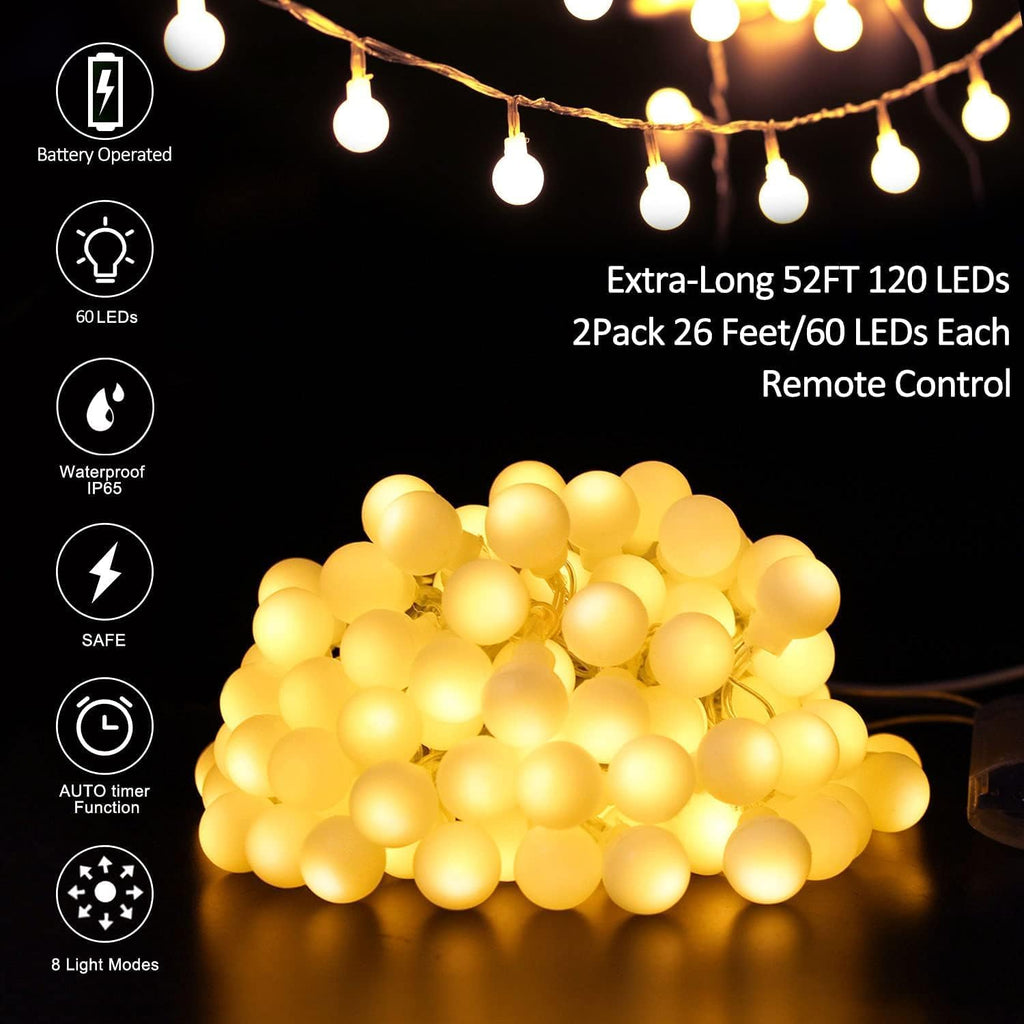 Skiennix LED Globe String Lights - 52FT Total Length, 120 LEDs, Waterproof with Remote | 8 Modes for Home & Party Decor