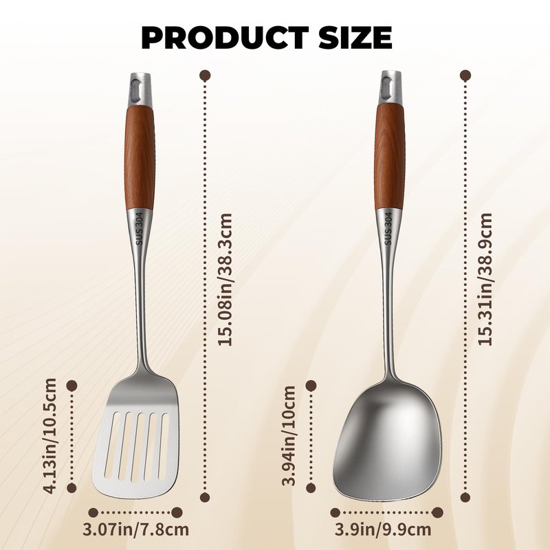 2Pcs Cooking Utensils Set,304 Stainless Steel Wok Spatula,kitchen utensils with Wooden Handle,Wok Tools Professional Set, Non-Stick and Heat Resistant