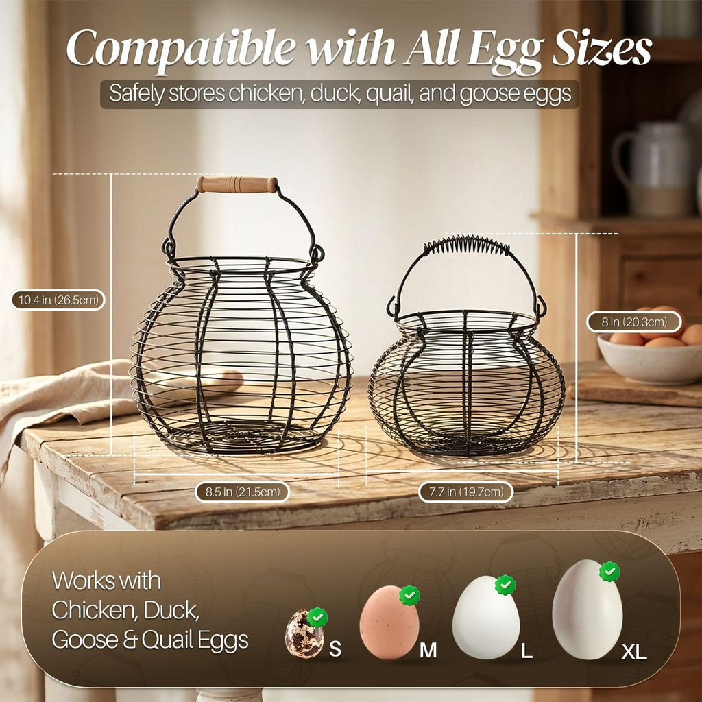 Flexzion Egg Basket for Gathering Fresh Eggs - Round Wire Countertop Egg Holder with Spring Handles, Farmhouse Chicken Eggs Collecting Basket Storage for Countertop, Kitchen Organizer and Farm (Black)