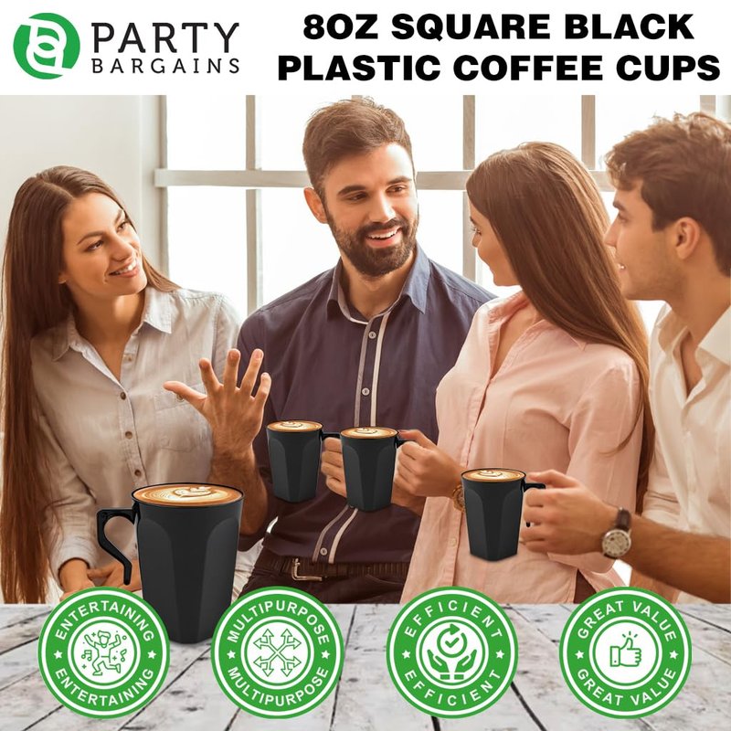 PARTY BARGAINS 8oz Disposable Plastic Coffee Cups with Handles, Ivory with Gold Band, 32 Count, Elegant Round Tea & Hot Beverage Cups for Weddings, Catering & Events