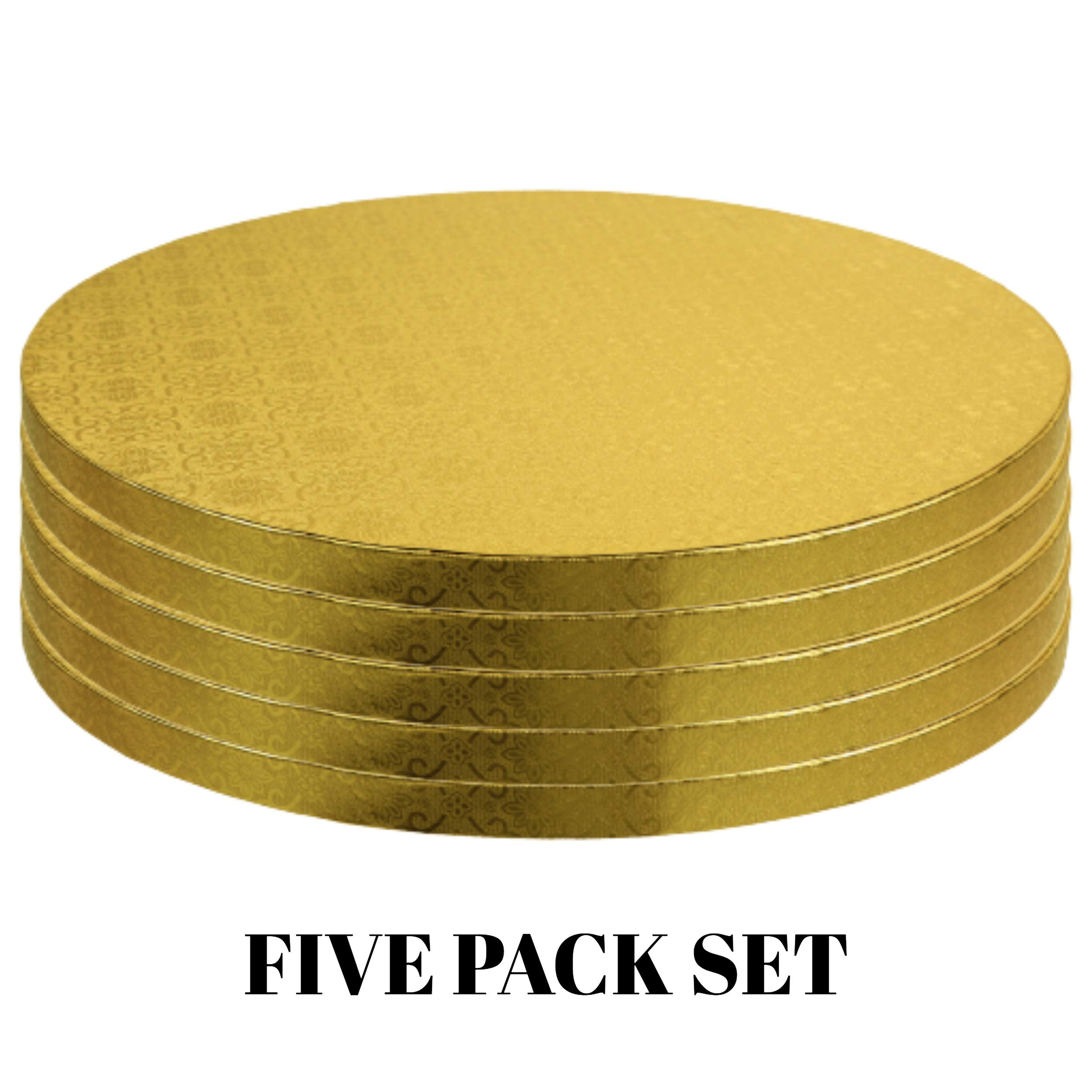 O’Creme Cake Board, Gold Foil Round Cake Circles with Gorgeous Design, Sturdy & Durable 1/2” Thick Cake Drums, Round Cake Boards with 12” Diameter, Pack of 5 Disposable Cake Drums